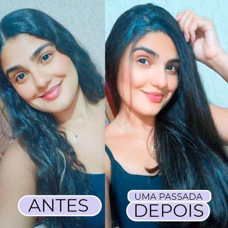 Antes e depois - Cabelo ondulado transformado em liso com Sleek Plus